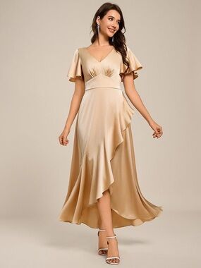 NWT Short Sleeve Ruffled Satin Midi Wedding Guest Dress - Size 6